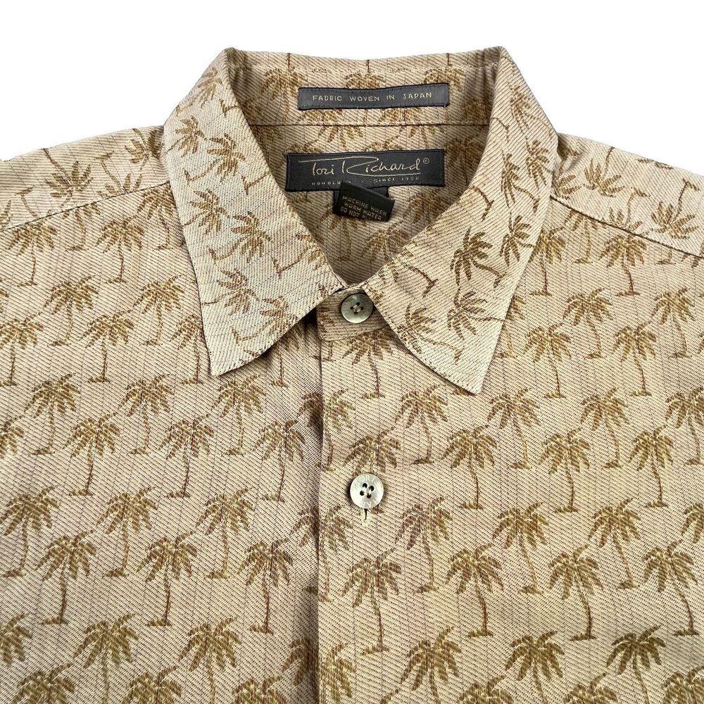 Tori Richard Hawaiian Shirt Mens Size L Beige Cotton Button Palm Trees Tropical